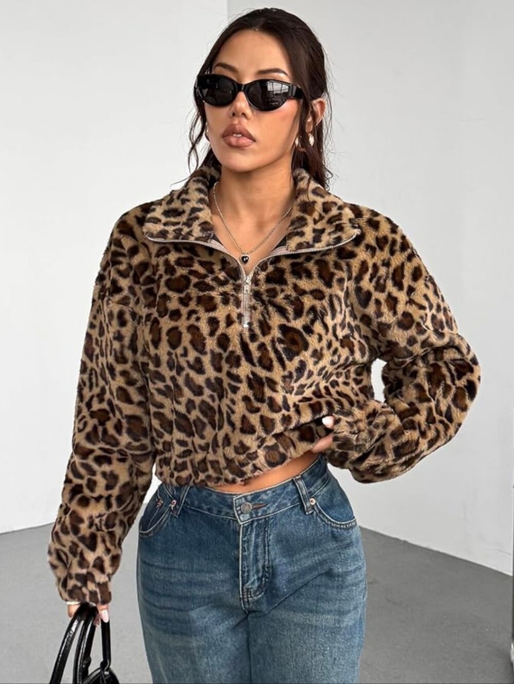 HYFVE Leopard Print Super Soft Fleece Sweatshirt  Half-Zip Jacket Medium